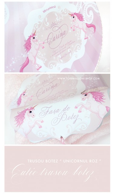 Trusou de botez personalizat si brodat pentru fetite cu unicornii, Povesti cu unicorni 1